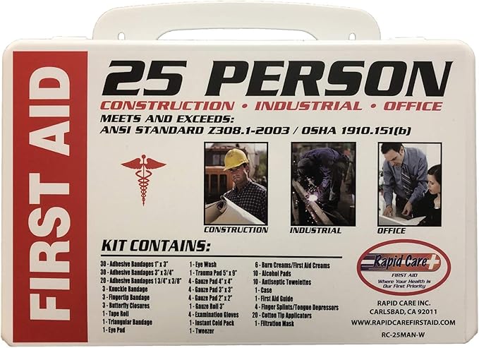 Rapid Care First Aid RC-25MAN-W 25 person 166 Piece ANSI/OSHA Compliant First Aid Kit in Wall Mountable Poly Case