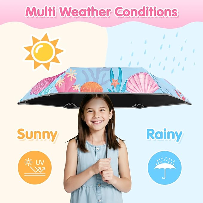 Kids Folding Umbrella Auto Open/Close Umbrellas for Rain Round Corner Safe Design UV Resistant Automatic Children Travel Umbrellas Reinforced Canopy 360° Reflective Strip Lightweight for Girls & Boys