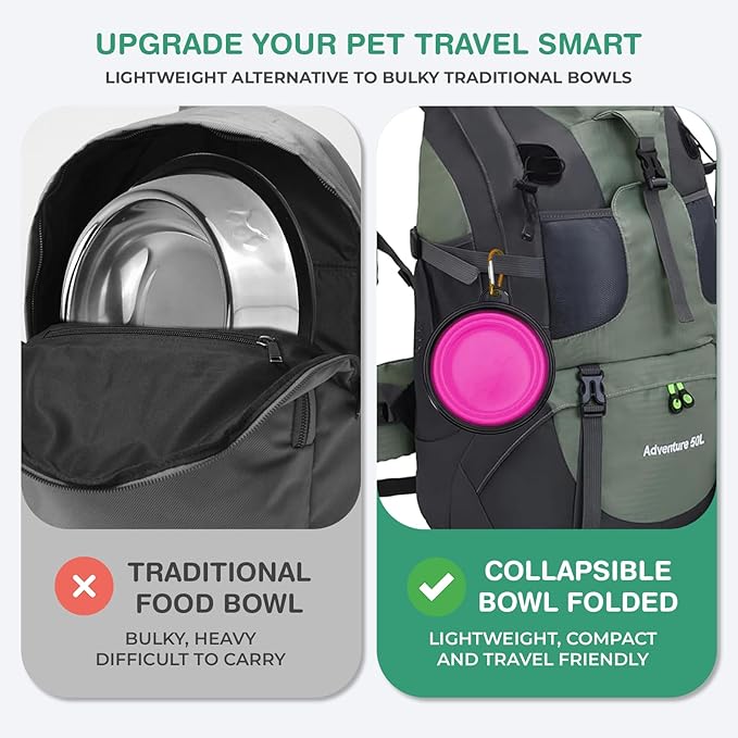 Collapsible Dog Bowls for Travel, Portable Dog Water Bowl & Food Bowl for Dogs and Cats, Foldable Pet Feeding Dish for Walking Hiking Camping with Carabiner, BPA Free, Purple