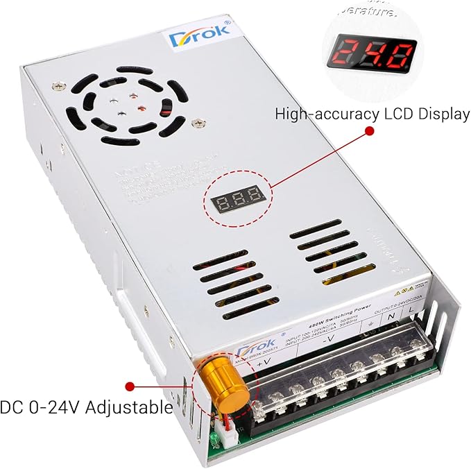 DROK 24V Power Supply, AC 110V/220V to DC 0-24V 20A 480W Buck Converter, Variable Adjustable Adapter Regulated 5V 12V 24V Volt Switching Voltage LED Transformer 20A Amp Charger for Computer Lab