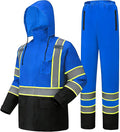 Hi Vis Rain Jacket, Rain Suits for Men with Removable Hood, Rain Coats for Men Interior Mesh, Class 3 High Visibility Rain Gear,Waterproof Zipper Blue 2XL/3XL