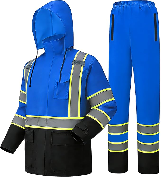 Hi Vis Rain Jacket, Rain Suits for Men with Removable Hood, Rain Coats for Men Interior Mesh, Class 3 High Visibility Rain Gear,Waterproof Zipper Blue 2XL/3XL