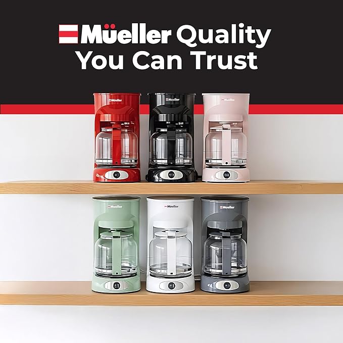 MUELLER HOME 12-Cup Drip Green Coffee Maker, Borosilicate Carafe, Auto-Off, Reusable Filter, Anti-Drip, Keep-Warm Function, Clear Water Level Window, Green Kitchen Accessories & Décor