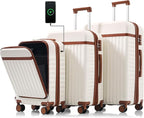 3 Piece Luggage Set ABS Hardshell Lightweight Suitcase Sets with Spinner Wheels and TSA Lock, 20 inch with Front Opening Design and USB Port, 20" Airline Certified Carry-on Luggage, 20"24"28", White