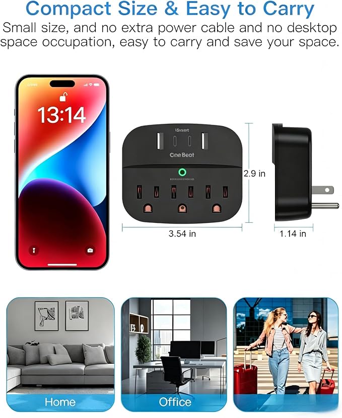2 Pack Multi Plug Outlet Splitter, 490J Surge Protector Outlet Extender with 3 AC Outlets and 4 USB Wall Charger (2 USB C Ports), Small Adapter for Dorm Room and Travel Essentials, ETL Listed, Black