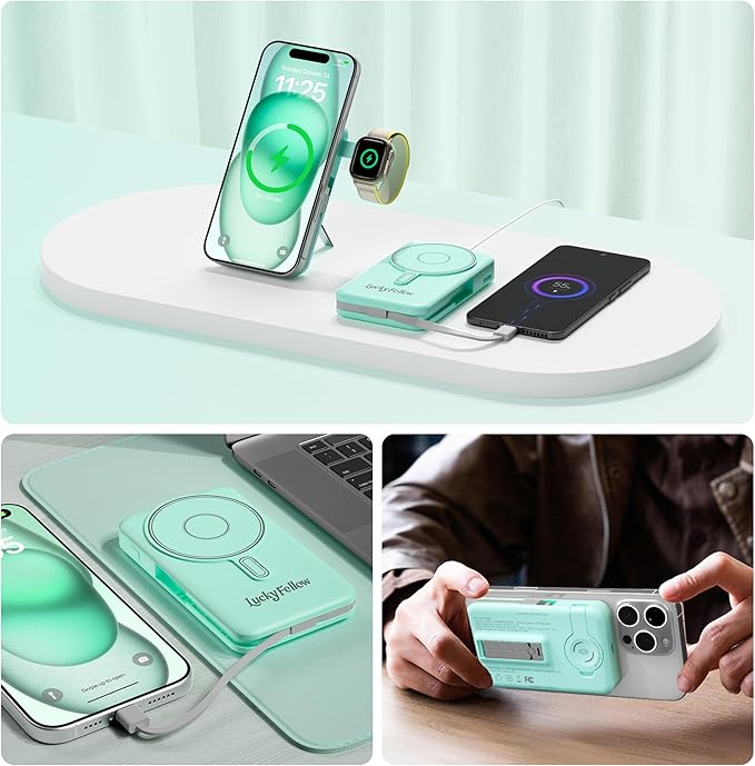 Magnetic Portable Charger Built-in Cables,10000mAh Fast Charging Wireless Charger Station External Battery Pack Slim Pocket Size Power Bank with Stand Compatible with iWatch, iPhone