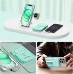 Magnetic Portable Charger Built-in Cables,10000mAh Fast Charging Wireless Charger Station External Battery Pack Slim Pocket Size Power Bank with Stand Compatible with iWatch, iPhone