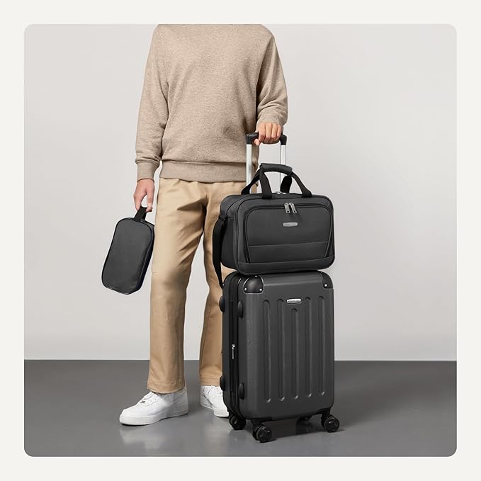 Amazon Basics 3-Piece Luggage Set with Spinner Wheels, Including 22" Expandable Hardside Carry-On Suitcase, 15-inch Tote Bag, and 10-inch Compact Travel Bag, Black