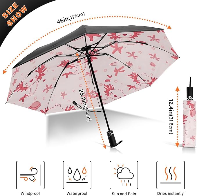 ALAZA Folding Umbrella Kawaii Axolotl Pink Animal Compact Travel Umbrella Automatic Open Close, Inverted Umbrellas for Rain Windproof UV Protection Sun Umbrellas