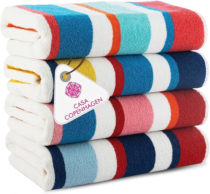 Casa Copenhagen Bora Bora Towels 4Pcs Teal, Pink, Red, Yellow Designer Stripe Beach Towels Gift Set, 30"x 60" Oversized 100% Cotton Pool Towels, Bath Towels for Beach (Summer Gift Set For Women & Men)