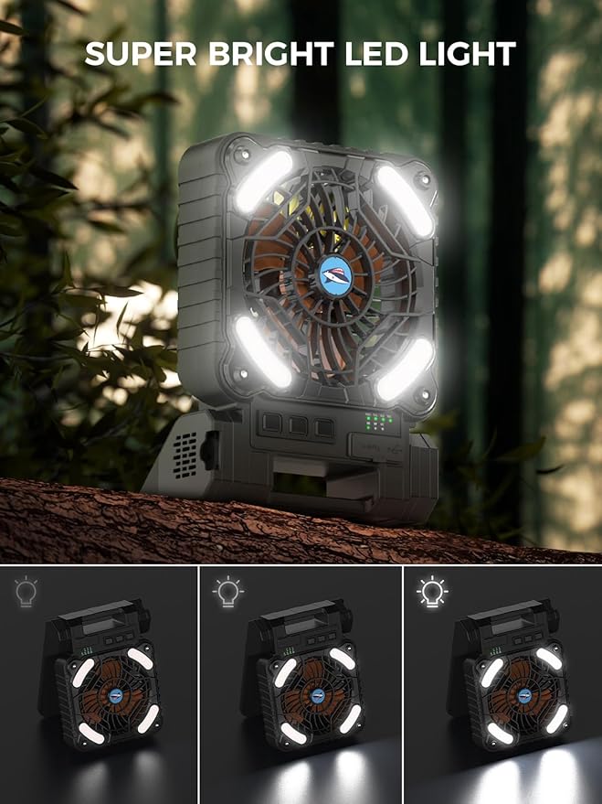 Smiling Shark Camping Fan with LED Lantern, USB Rechargeable Solar Camp Fan with 4 Speeds Powerful Wind & 3 Timer 90° Foldable Cordless Portable Tent Fan for Camping Fishing Hiking