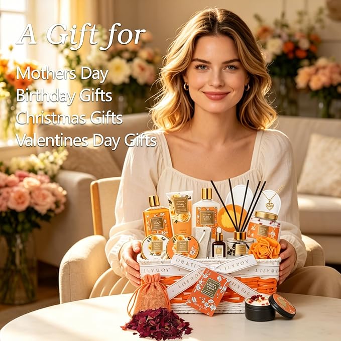 Gifts for Women - Vanilla Sugar Bath and Body Spa Gift Basket for Women, Spa Kit with Necklace | Gifts for Christmas, Valentines Day, Skin Care Set for Women, Mother‘s Day Gift for Mom & Wife