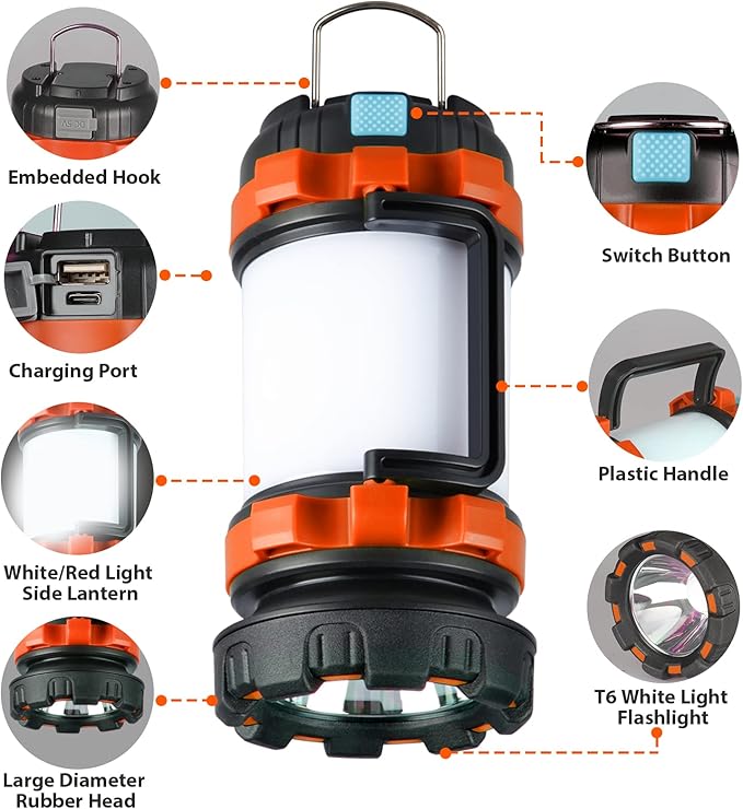 BOBKID 2 Pack Camping Lantern, Outdoor LED Camping Light, Rechargeable Flashlights with 1000LM, 6 Modes, IPX5 Waterproof Portable Emergency Camp Light for Hurricane Survival - Orange