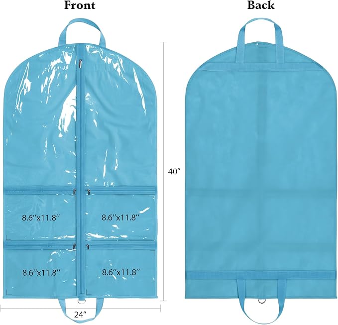KEEGH CLear Garment Bags for Dance Costumes 40 inch Dance Garment Bags for Dancers Hanging Clothes for Closet Storage, with 4 Zipper Pockets for Dance Competitions, Ballet, Theatre, 2 Pack, Blue