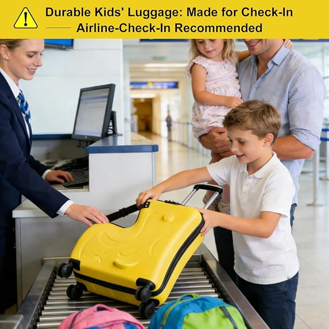 24 Inch Kid Ride Suitcase, Kid Luggage Seat Ride With Lock - Kids Travel Trolley With Safety Belt, Kids Luggage With Wheels Child Stroller Spinner Luggages, ABS+PC (Yellow, 6-12 Years)