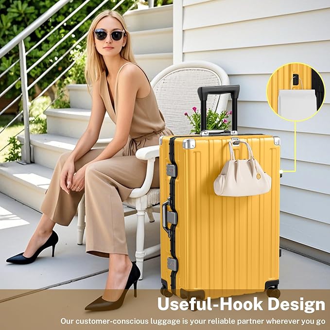 Krute Aluminum Frame Luggage 28 Inch Checked Suitcase with Spinner Wheels TSA Approved No Zipper Hard Shell Luggage PC+ABS Travel Suitcase Yellow