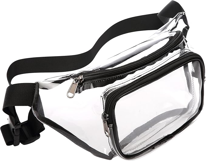Veckle Clear Fanny Pack Stadium Approved - Adjustable 33-47 Inch Strap, Transparent Belt Bag for Women Men Fits 7.5-inch Smartphone, Waist Bag Clear Bag for Stadium Events, Sport, Concerts, Black