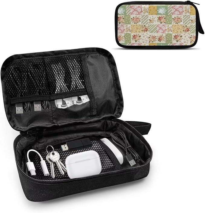 Floral Patchwork Electronic Organizer Portable Cable Organizer Bag Electronics Organizer Travel Case fits Phone Power Bank SD Card Tech Accessory Large Storage Bag
