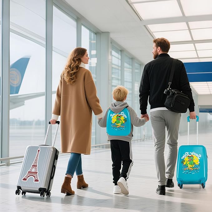 Goplus 2 PCS Kids Luggage, 13" & 16" Carry-on Suitcase w/Spinner Wheels, Telescopic Handle, Hard Shell Rolling Trolley Luggage for Toddler Boys Girls Travel, Airline Approved (Blue, Dinosaur)
