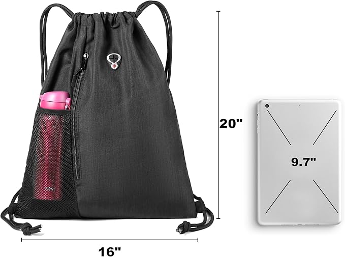 BeeGreen Mix Black Drawstring-Backpack-Gym-Bag, Large Sports Bag For Women W Water Bottle Pocket &Front Zippered Pocket, String Sackpack For Traveling Yoga Beach Outdoor