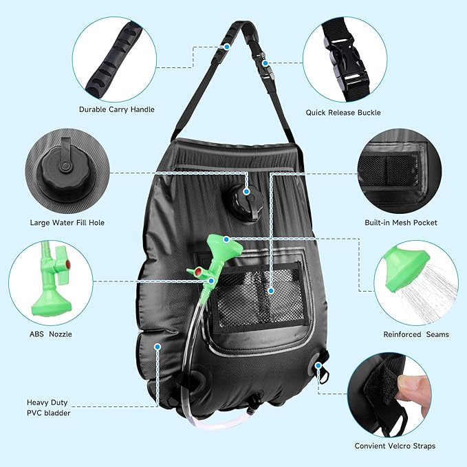 FENSAN Solar Portable Shower Bag, 5 Gal/20L Solar Heating Outdoor Camping Shower Bag with On-Off Switchable Shower Head&Removable Hose Suitable for Camping, Hiking, Travel, Beach Swimming