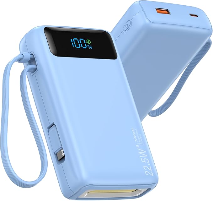 Portable Charger, 27000mAh 22.5W Fast Charging Power Bank with Built-in Cable, USB C Battery Pack with LED Display & Flash Light, Travel Essential External Battery Charger Bank for iPhone Samsung Blue