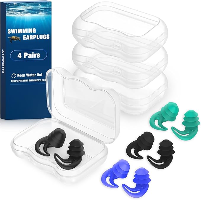 Waterproof Swimming Ear Plugs - 4 Pairs Reusable Silicone Showering Ear Plugs for Adults Kids, Ideal for Swimming, Surfing, Water Sports (Adults- Black, Green & Kids- Black, Blue, 1 Pair (Pack of 4))