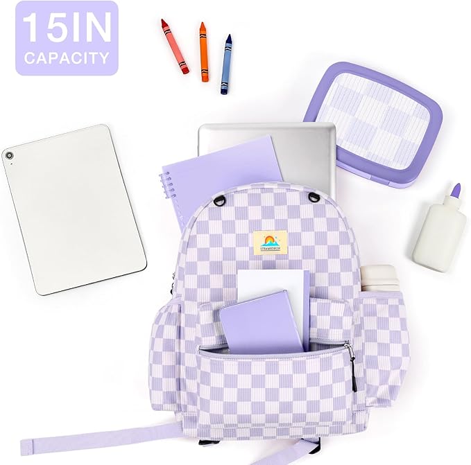 STEAMEDBUN Corduroy Kids Backpack for Girls and Boys 5-8: Girls Backpack for Elementary Kindergarten - 15 inch Cute Backpacks for Kids - Checkerboard