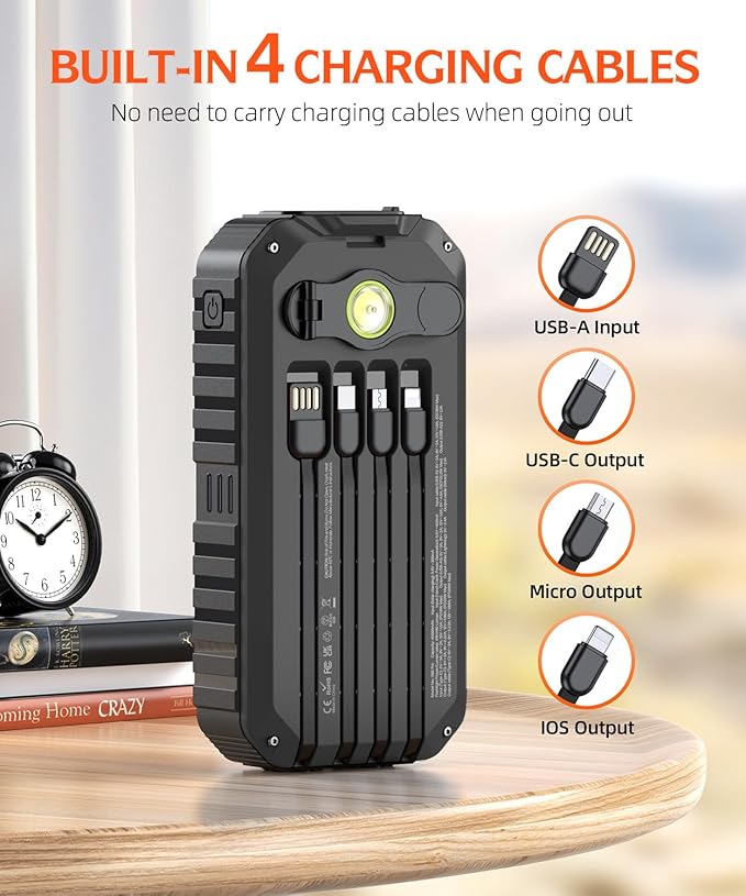 Solar Charger Power Bank 40000mAh Built in 4 Cables and Hand Crank, Portable Charger 22.5W Fast Charger 6 Outputs & 4 Inputs External Battery Pack with Bright Flashlight and Compass