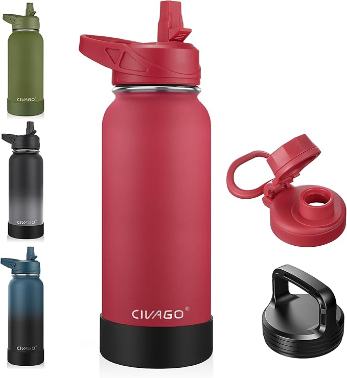 CIVAGO 32 oz Insulated Water Bottle With Straw, Stainless Steel Sports Water Cup Flask with 3 Lids, Wide Mouth Travel Thermal Mug, Red