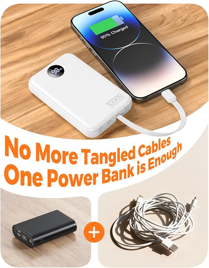 HAIARA 10000mAh Power Bank with 4 Built-in Cables,20W PD Fast Charging Portable Charger with LED Display,USB-C & USB-A Outputs,5 Devices Simultaneous Charging,External Battery Pack for iPhone-White