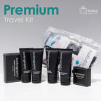 World Amenities - Bodyography Toiletry Kit, 6 Piece Set Shampoo, Conditioner, Body Wash, Lotion, Hand Soap, Massage Bar, Clear Travel Bag