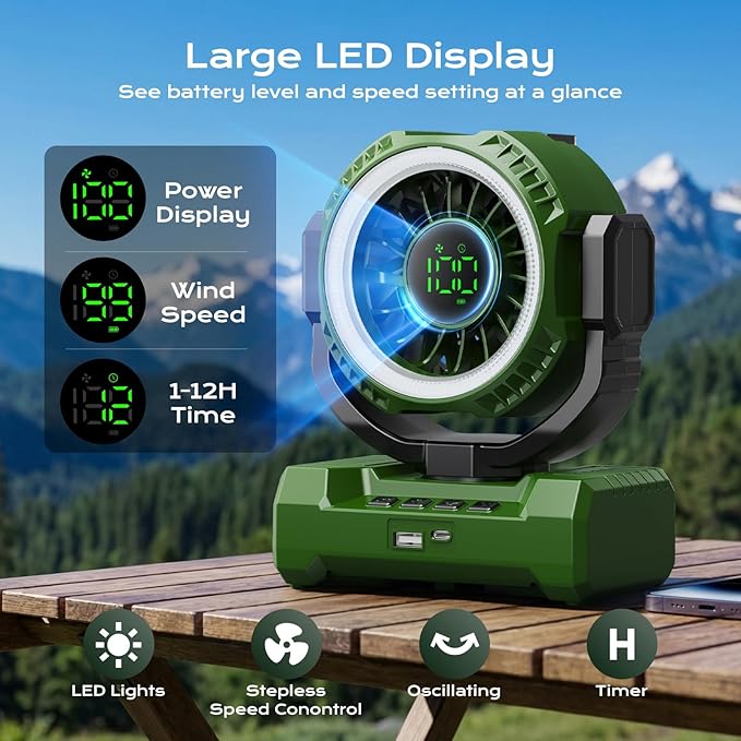 Portable Rechargeable Camping Fan, 20000mAh Battery Operated Fan with LED Light, 1-100 Stepless Speed, 1-12H Timer, Brushless Motor, Oscillating Desk Fan, Tent Fan with LED Display for Camping Travel