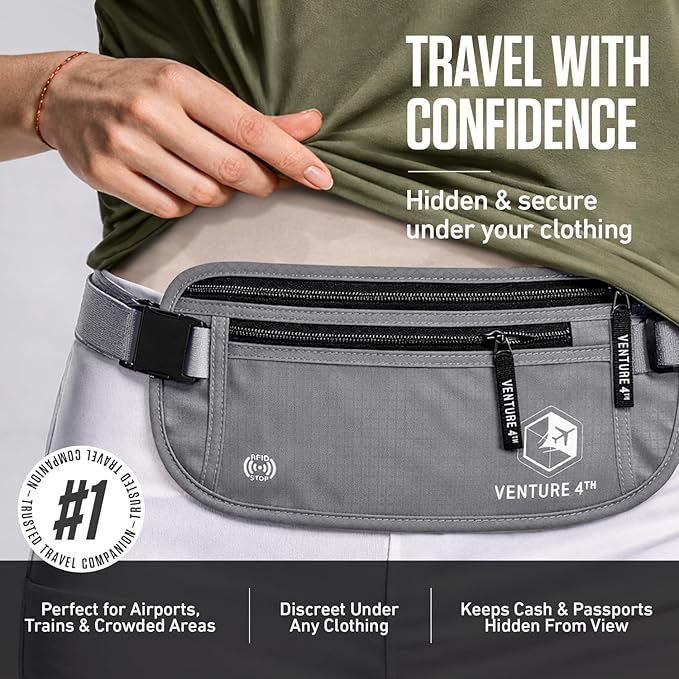 VENTURE 4TH RFID Money Belt for Travel with RFID Blocking Sleeves – Slim Hidden Travel Wallet & Passport Holder for Men & Women, Lightweight Anti-Theft Pouch to Protect Cash Cards & Documents - Silver