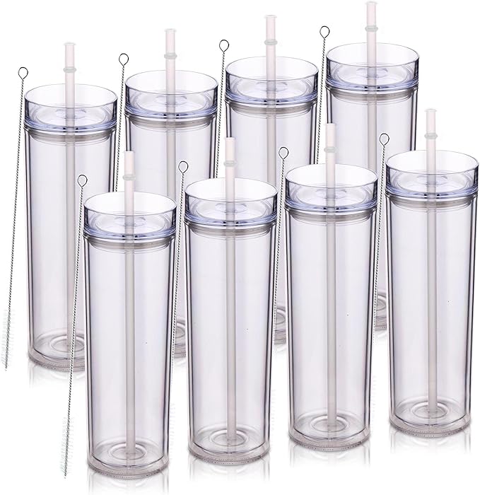 Volhoply 20oz Tumbler with Lid and Straw 8 Pack,Double Wall Plastic Skinny Tumblers Bulk,Reusable Travel Cute Coffee Mug,BPA Free Matte Acrylic Water Cups With Straw for Party,DIY Gifts(Clear,8 Set)