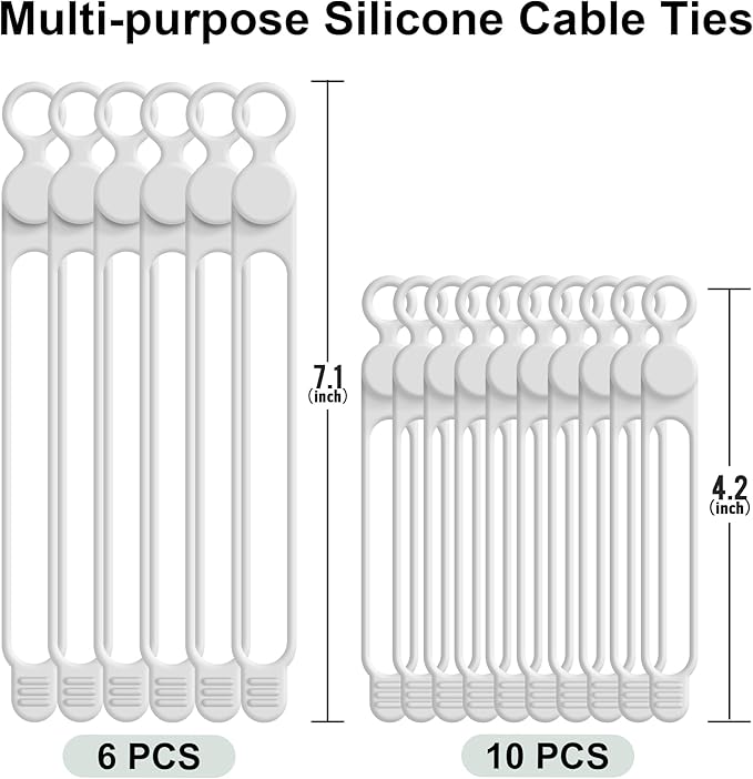 Silicone Cable Ties Cord Organizer for Cable Management, 16PCS 4.2" and 7.1" Reusable Cable Organizer Electronic Accessories for Home, Office, Kitchen, School, Travel (White)