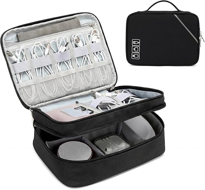 Lanola Electronic Organizer,Travel Cable Organizer Bag Pouch Electronic Accessories Carry Case Portable Double Layers Storage Bag for Cable,Cord,Charger,Phone,Earphone,Power Bank,Memory Cards - Black