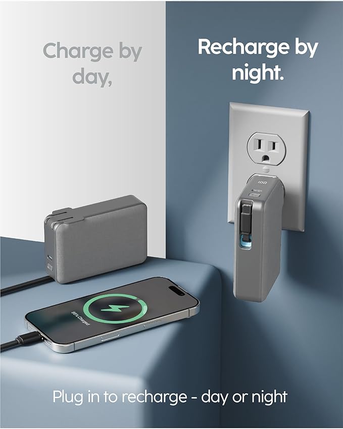 myCharge RetractaCharger 10000mAh Portable Charger Power Bank with 28-Inch Retractable USB-C Cable | Built-in Wall Plug | 30W PD Fast Charging | USB-C & A Ports | Digital Display | Grey