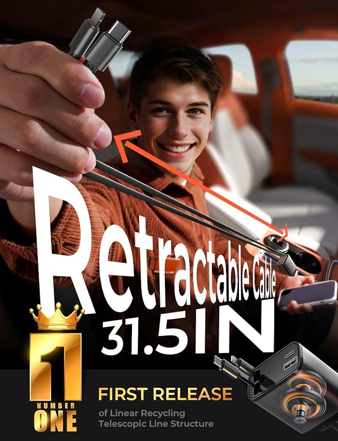 LISEN 4 in 1 Starlight Retractable Car Charger, 75W USB C Cigarette Adapter Fast Charging, Starlight Retractable Car Accessories for Women Mom, for iPhone 17 Pro Max Air 16 15 14 13 12