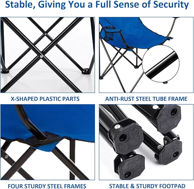 Folding Camping Chair with Cup Holder, 225lbs Capacity, Portable Foldable Chair with Large Anti-Sink Feet, PE Coated Fabric for Outdoor, Beach, Fishing, Backpacking, Blue 2PCS