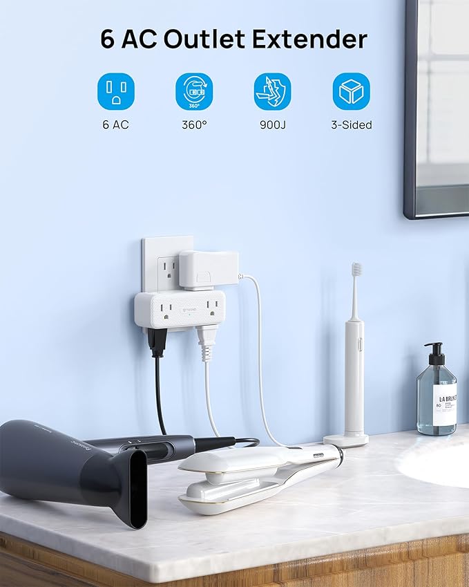 TROND Multi Plug Outlet Extender 2 Pack - 6 AC Outlet Splitter with 360° Rotating Plug, Wall Plug Adapter, 3 Way Multiplug Expander, Swivel Wall Extension Adapter for Bathroom Kitchen Office Travel