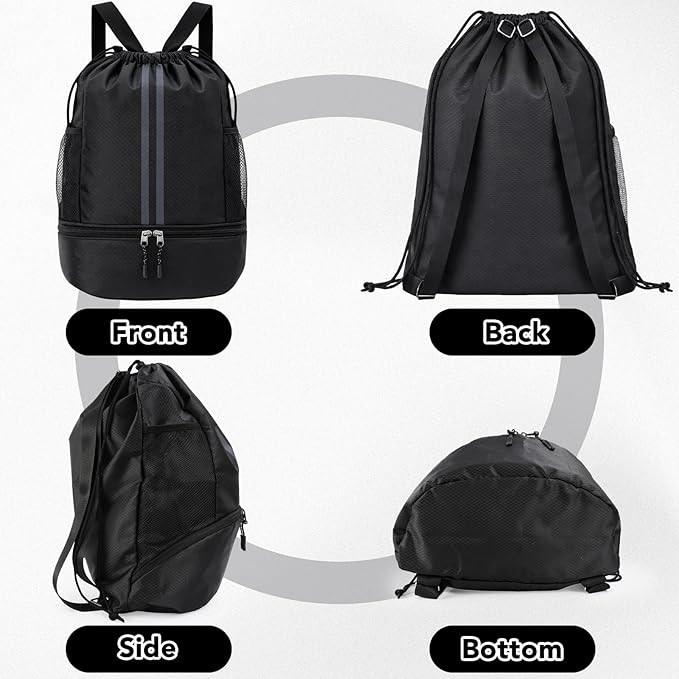 Pimoys Drawstring Backpack Gym Bag, Waterproof String Backpack with Side Mesh Pockets, Beach Bag for Basketball, Soccer, Swim, Wrestling Bag for Women Men