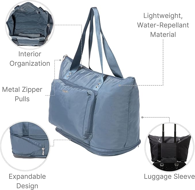 Baggallini Carryall Expandable Lightweight Travel Tote 22" Packable Folding Compact Nylon Washable Weekender w/Luggage Sleeve