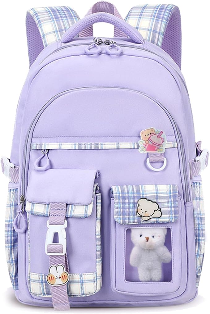PRLINJSK Girls Backpack，Cute School Backpack for Girls Kids Teens，Kawaii Bookbag for Primary Elementary，Purple