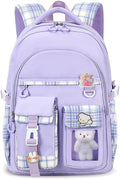 PRLINJSK Girls Backpack，Cute School Backpack for Girls Kids Teens，Kawaii Bookbag for Primary Elementary，Purple