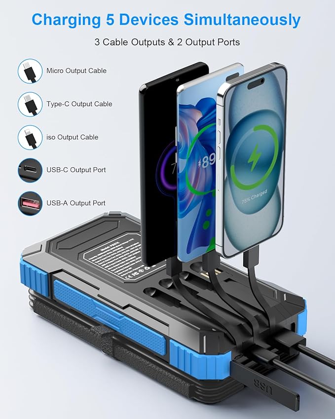2 Pack, Solar Charger with Built-in Cables 49800mAh +Solar Power Bank 49800mAh for iPhone Android Samsung