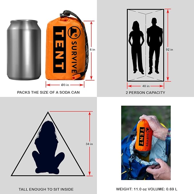 SURVIVE Survival Tent with Doors, 2 Person Mylar Emergency Camping Hiking Shelter for Survival Kits, All Weather Thermal Protection, Includes 22 ft of Paracord and Whistle