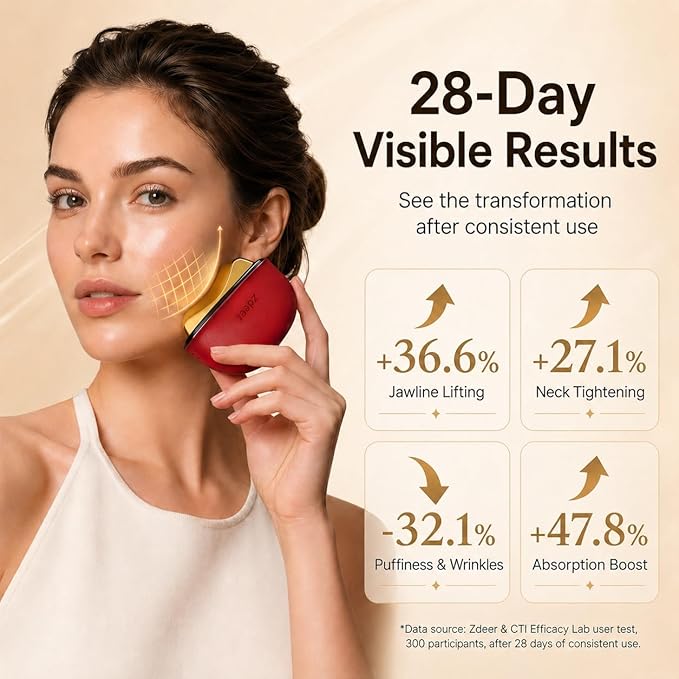 ZDEER GS5 Electric Heated Gua Sha Facial Sculpting Tool with Vibration, LED Red Light Therapy Face & Neck Massager, Skin Firming Device, Premium Gift for Women Mom, Includes 2 × 10ml Massage Oil, Red