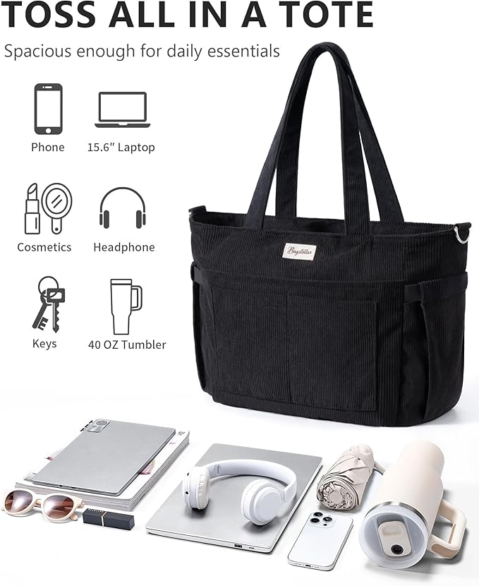 Bagstellar Corduroy Tote Bag for Women, 17 Pockets Laptop Work Tote Bag Lightweight Teacher Nurse Bible Bag for School Travel | with 40oz Cup Holder, Multi Compartment, Zipper Crossbody Bag, College Shoulder Bag, Daily Purse w/ Strap, Ideal Gift for Women