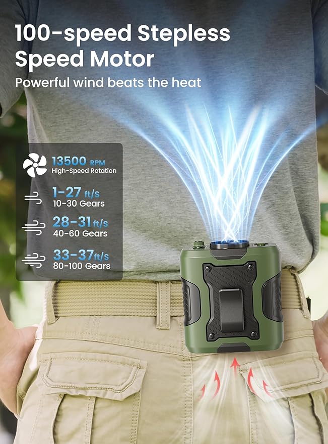 Koonie Portable Waist Clip Fan, Cool Clip Fan Under Shirt with 100 Levels Speeds, Rechargeable Battery Supports 24H Working Time, Wearable Belt Personal Device for Outdoor Work Camping Travel, Green